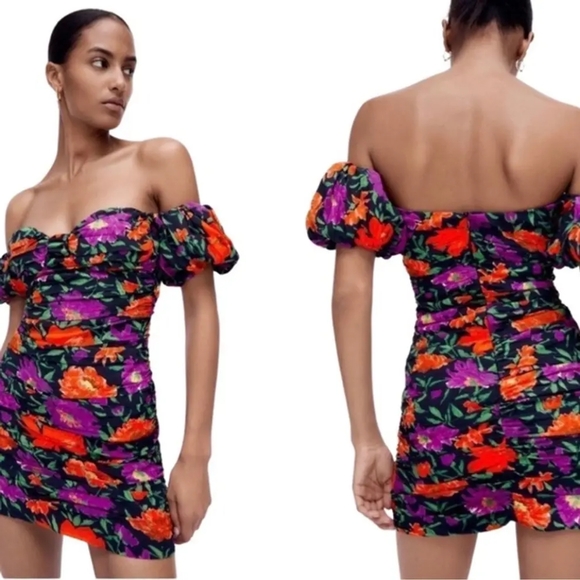 Zara Vibrant Off the Shoulder Mini Dress Floral Size Medium - Picture 2 of 9